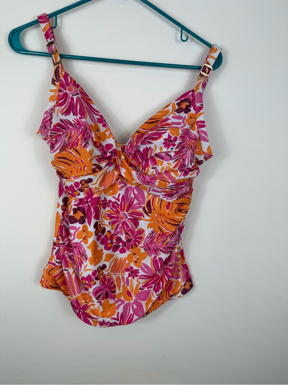 Floral Pink & Orange Twist Front Swim Tankini Top